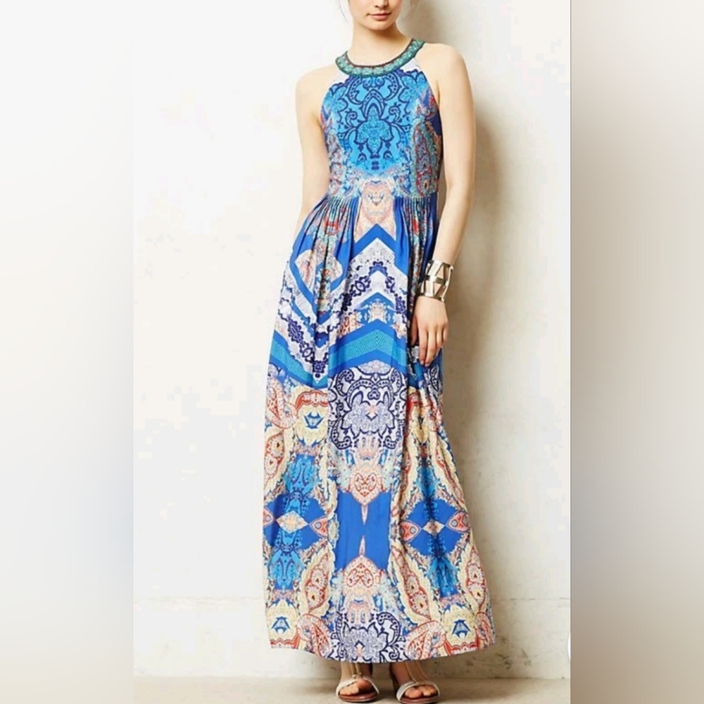 Anthropologie Blue Maxi Dress Women's Size 2 Sleevless By Ranna Gill